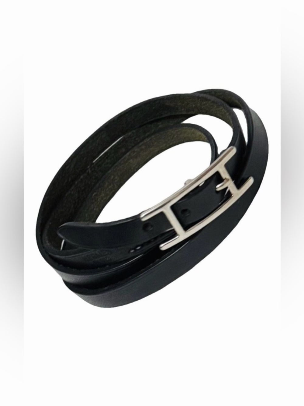 Hermès AUTHENTIC Silver & Black Leather Behapi Api Double Tour Bracelet - Picture 2 of 16